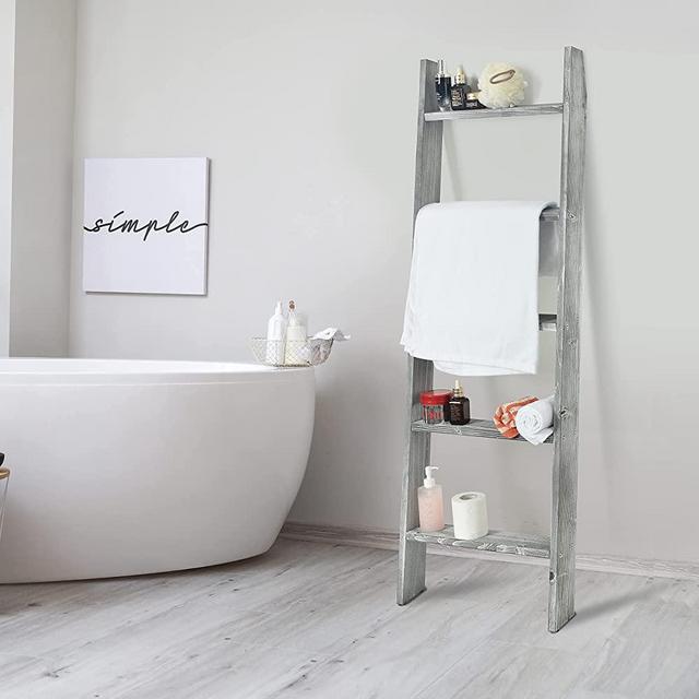 Rustic 5-Tier Wall-Leaning Wood Loadder Towel Racks for Bathroom Livingroom Kithen Office Woden Farmhouse Ladder-Style Blanket Rack Multipurpose Organizer Rack for Home (Gray-White)