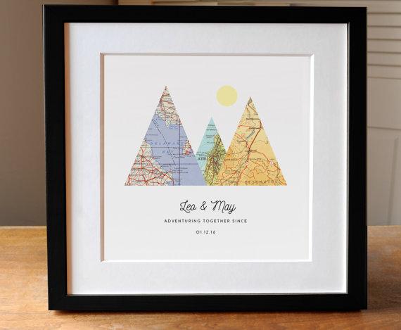Adventure Together Gift for Couple, 3 Custom Map Mountain Print
