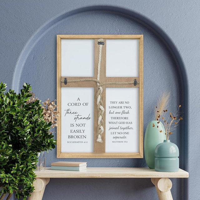 RLWangChao A Cord of Three Strands Wedding Ceremony Sign Wall Decor 22X16 Inch Unity Braid Cross Art For Wedding Religious Ecclesiastes 4:12 Couple Anniversary Christian Marriage Gifts (Wood)