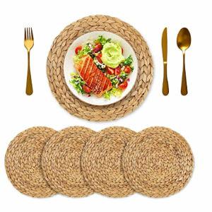 4 Pack Woven Placemats for Dining Table, Natural Water Hyacinth Round Placemats, Wicker Rattan Placemats, Handmade Heat-Resistant Non-Slip Woven Mat (12" Round)