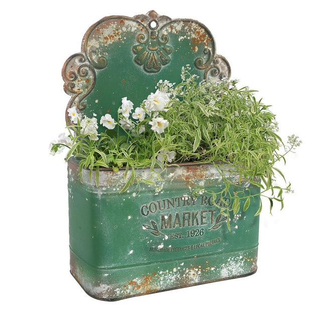 All Chic Metal Wall Planter - Outdoor Hanging Rustic Mount for Farmhouse Garden Decor (Green)