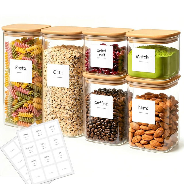 KTMAMA 6-Pack Square Glass Pantry Storage Containers with Lids, Airtight Stackable Pantry Organization and Storage Set (1.9/1.2/0.6 Qt) for Snacks, Cereal & Coffee