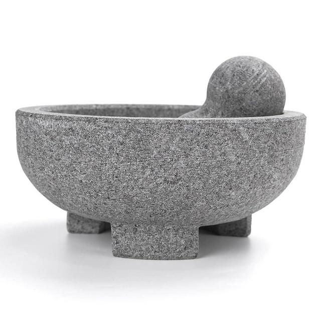 Luvan Mortar and Pestle Set, 8 Inch 4 Cups Large Capacity Unpolished Granite Molcajete Mexicano Guacamole Bowl, Stone Grinder Bowl for Crushing/Grinding-Guacamole,Spices,Herb,Salsa and Pesto (Gray)