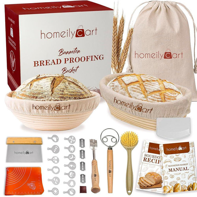 Banneton Bread Proofing Basket Set of 2-9" Round & 10" Oval - Rattan Sourdough Proofing Baskets and Sourdough Bread Baking Supplies for home bakers.