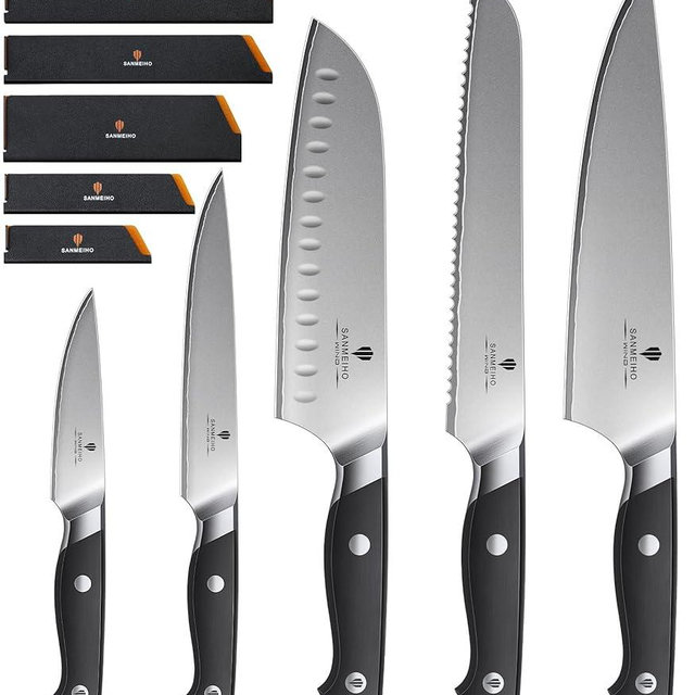 SANMEIHO 10 PCS Knife Set with Knife Sheath, Japanese Kitchen Knife Set with 5 Layers High Carbon 9Cr18Mov Stainless Steel, Sharp Professional Chef Cooking Knife with Ergonomic Handle, Dishwasher Safe