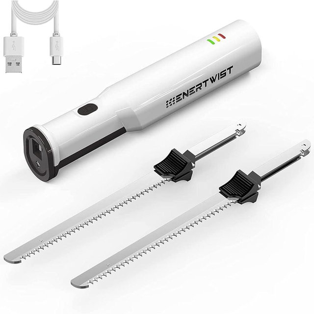ENERTWIST Cordless Rechargeable Electric Knife 1S Quick Start One-Hand Operation with 4 Stainless Steel Blades and Safety Lock Button, Carving Bread, Meats, Turkey, Crafting Foam