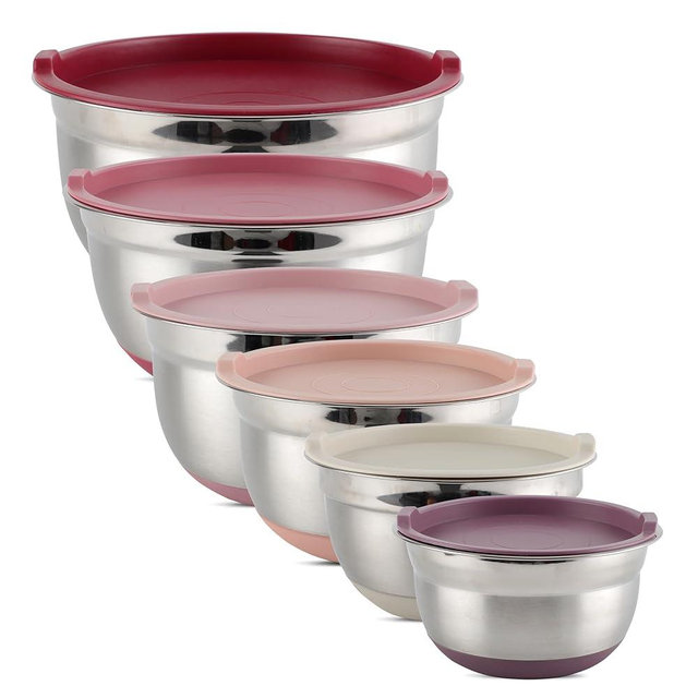 COOK WITH COLOR Stainless Steel Mixing Bowls Set with Lids - Nesting Bowls with Non-Slip Bottom, Rose, 12 Pieces