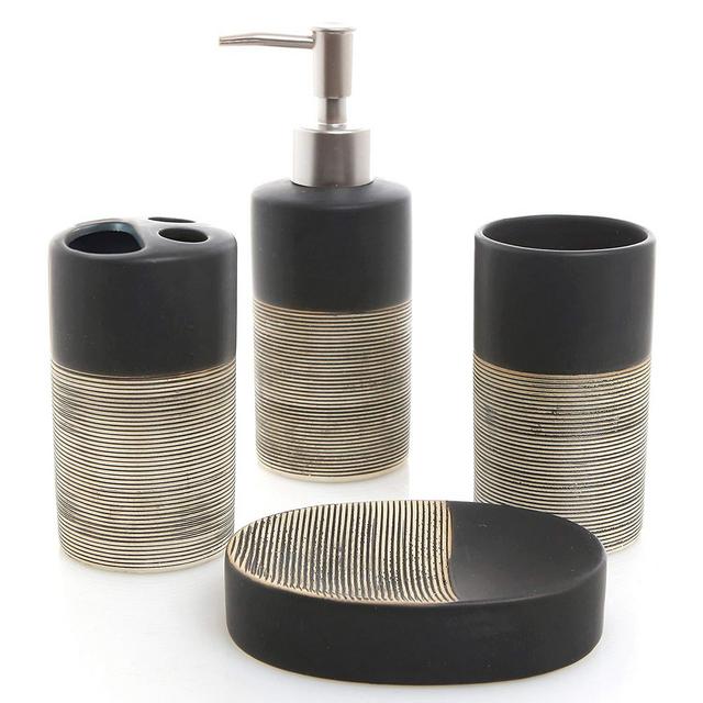 MyGift Deluxe 4 Piece Black & Beige Ceramic Bathroom Set w/Soap Dispenser, Toothbrush Holder, Tumbler & Soap Dish
