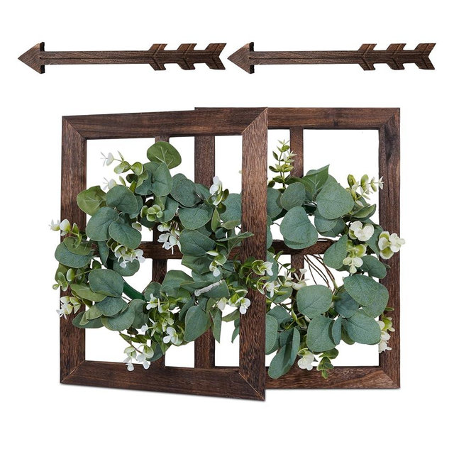 WAKOSAN Rustic Wood Wall Decor with Green Wreath and Arrows, Farmhouse Wooden Fake Window Decoration, Set of 2 (Brown)