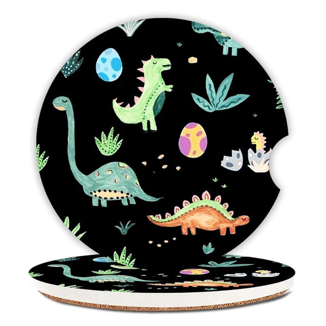 Cute Dinosaur Graffiti Ceramic Cup Holders - Pack of 2, Keep Cup Holders Clean and Dry, Drink Cup Car Holder Coasters with A Finger Notch