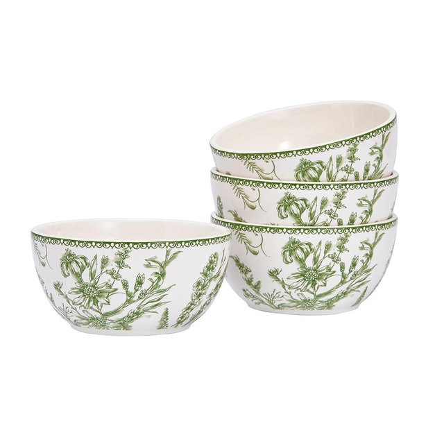 Bico Green Garden Toile De Jouy Cereal Bowls Set of 4, 26 oz Deep Ceramic Soup Bowls for Cereal, Salad, Noodles, Kitchen, Microwave and Dishwasher Safe, Gift for Housewarming and Thanksgiving