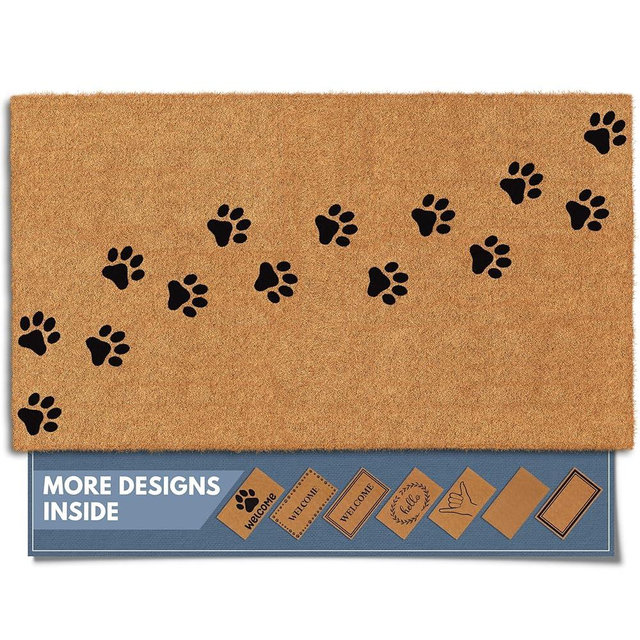 Barnyard Designs Natural Coco Coir Heavy Duty Backing Doormat - Large Cute Non-Slip Front Door Welcome Mat for Outside Entrance or Porch Entry, Brown (Paws / 17" x 30")