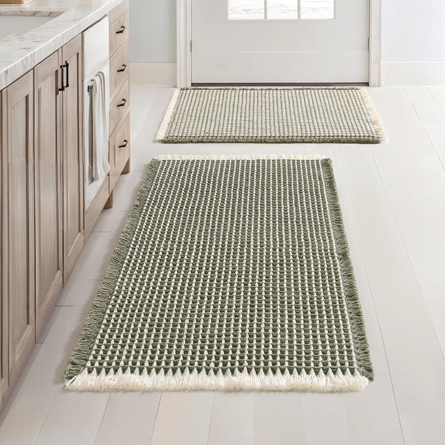MIULEE Set of 2 Waffle Bathroom Rugs, Boho Bath Rugs Non Slip Washable, Super Absorbent Bath Mats, Ultra Soft Rubber Backed Shower Mats for Bathroom Floor, Tub, Green & Cream, 17"x24"+18"x30"