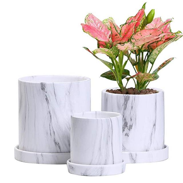 Flower Pots,Small to Large Sized Round Planter Pots,Ceramic Plants Containers,Succulent Pots with Drainage Hole and Saucer,4'/5'/6'White Garden Pots 3 Pack (Black Marble)