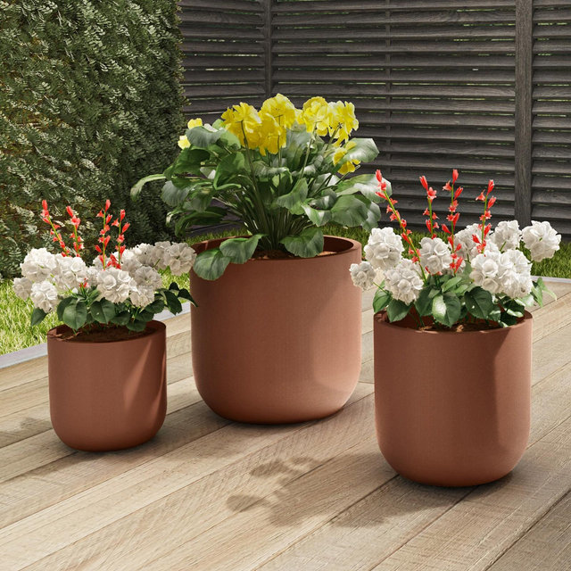 Fiber Clay Planters - 3-Piece Cylinder Pot Set with Drainage Holes for Potting and Replanting Flowers, Herbs, and Plants by Pure Garden