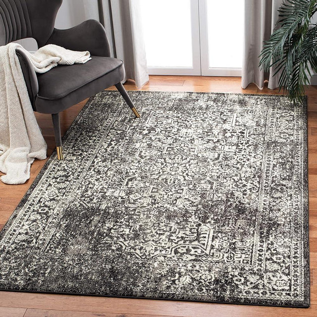 SAFAVIEH Evoke Collection Area Rug - 5'3" x 7'6", Black & Grey, Oriental Distressed Design, Non-Shedding & Easy Care, Ideal for High Traffic Areas in Living Room, Bedroom (EVK256R)