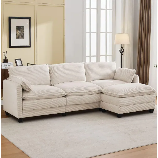 Hyleory Corduroy L-Shaped Sectional Sofa, 3-Seater Couch with Movable Ottoman, Modular Living Room Furniture for Apartments