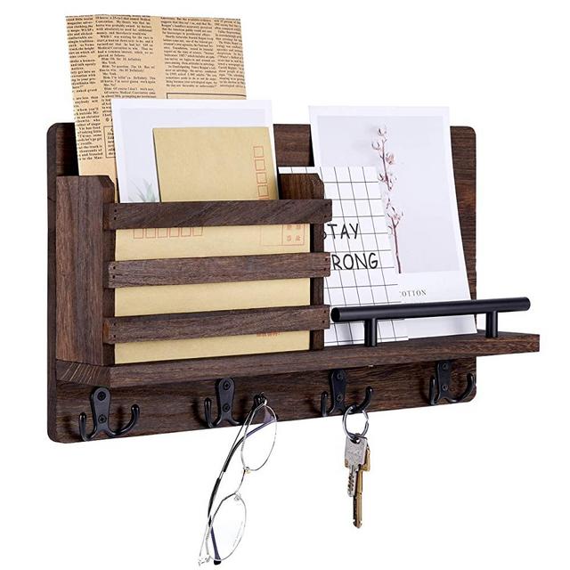 Artmag Key Mail Holder for Wall Decorative,Wall Mounted Rustic Mail Organizer with 4 Double Key Hooks Perfect for Decoration Display Entryway,Office,Mudroom(Dark Brown)