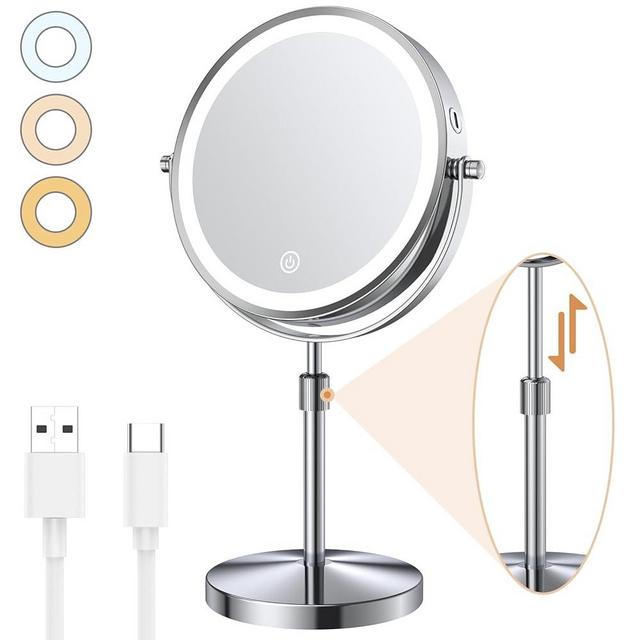 Benbilry 8.5" Lighted Makeup Vanity Mirror with 10X Magnification, 3 Colors Dimmable Lights & Height Adjustable, Rechargeable 1X/10X Magnifying Mirror, 360° Swivel Cosmetic Tabletop Mirror Silver