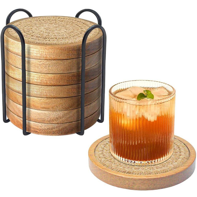 Eykao Wood Coasters for Drinks, Absorbent Coaster Sets of 8, Woven Drink Coasters for Coffee Table, Housewarming Gift for Farmhouse Home Decor,4.3 inches Brown