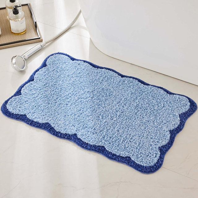 Luxury Microfiber Bathroom Rugs, Navy Scalloped Piping Blue Bath Rug Cute Aesthetic Coastal Nautical Bath Mat for Bathroom, Tub, Floor, Sink, Shower, Anti Slip, Absorbent, 32x20