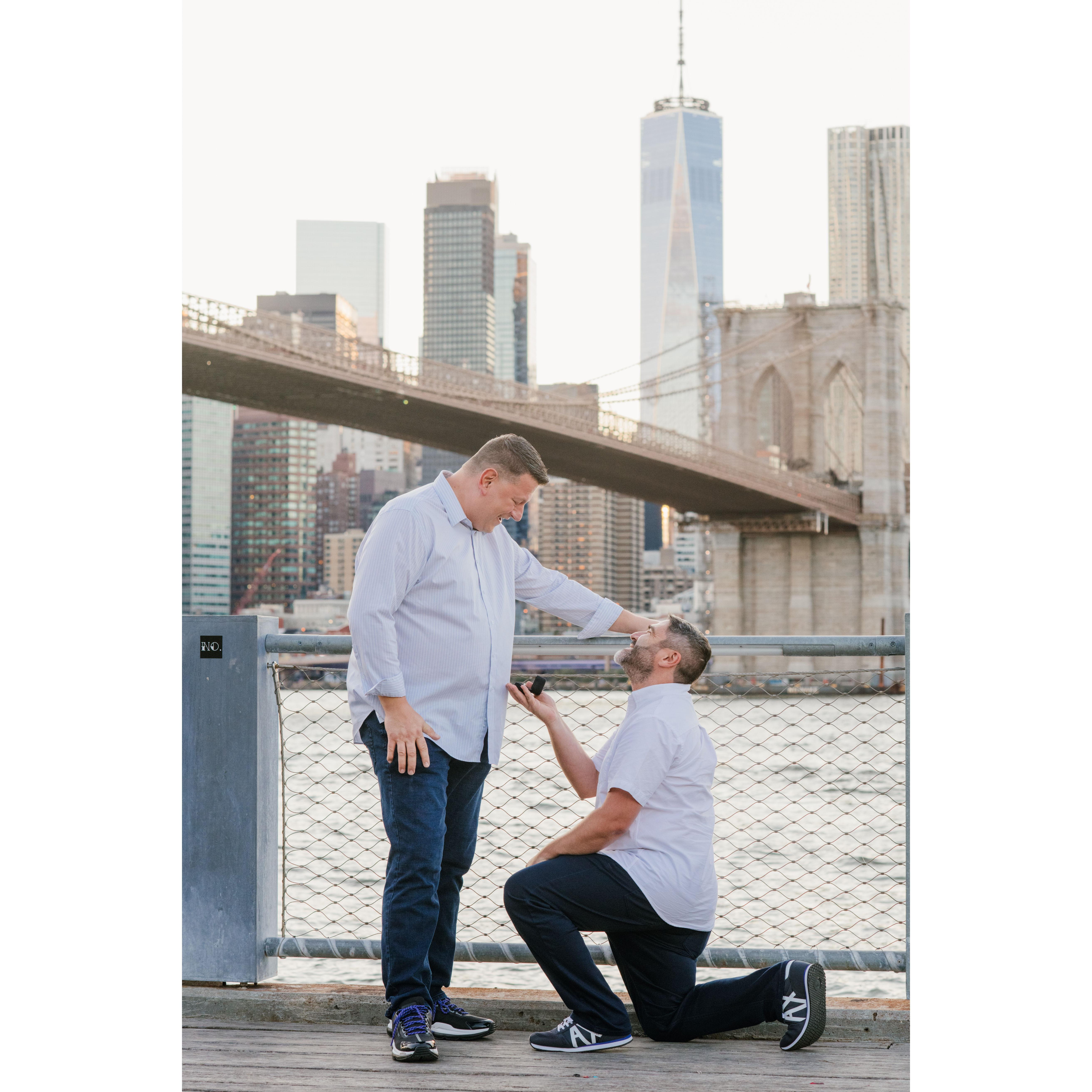 Citing dinner plans near the Brooklyn Bridge in New York City, Josue surprised Jeff by popping the question.