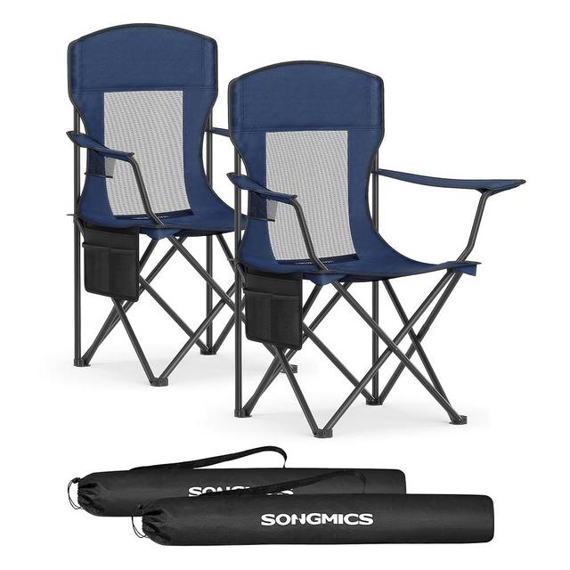 SONGMICS Breathable Camping Chairs, Foldable Outdoor Chairs Set of 2, High Back, Adjustable Armrests, Drink Holder, Weight Capacity 330 lb, for Sports Garden Backyard, Harbor Blue UGCB028Q01