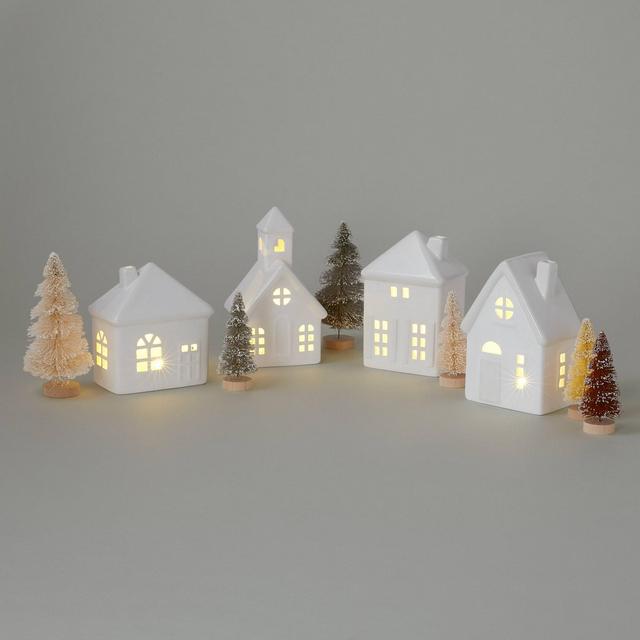10pc Battery Operated Decorative Ceramic Village Kit White with Neutral Trees - Wondershop™