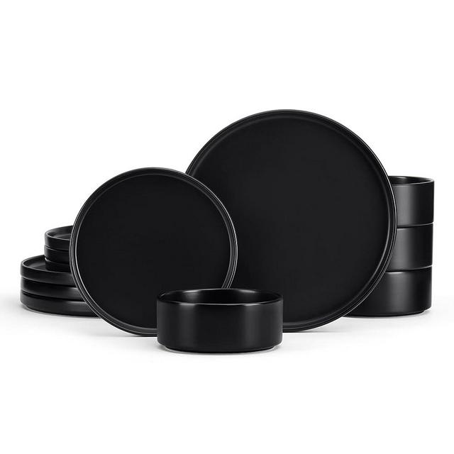 E-far Stoneware Dinnerware Sets, 12-Piece Plates and Bowls Dish Set for 4, Kitchen Modern Dinning Ware, Chip and Scratch Resistant, Microwave & Dishwasher Safe, Matte Black