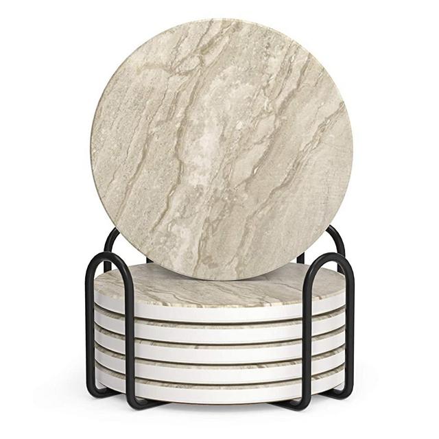 LIFVER Coasters for Drinks, Set of 6 Absorbent Coasters with Holder, Housewarming Gifts for Home Decor, 4 Inches for Kinds of Cups, Sandstone-Style Coasters