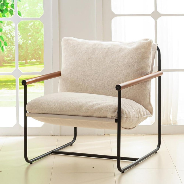 HIGOGOGO Modern Accent Chair, Living Room Chair with Wood Armrests, Shredded Foam Cushion, and Sturdy Metal Frame Reading Chair, Beige
