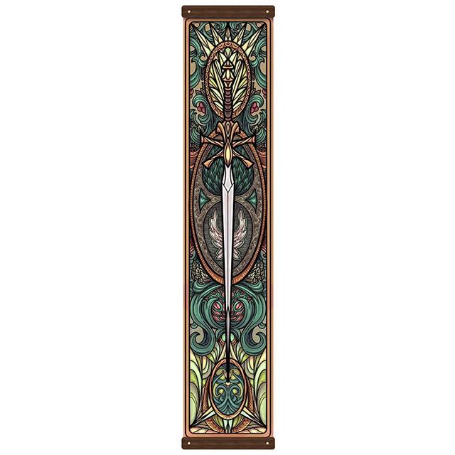 C4Labs Tapestry Print Wall Hanging Banner- Sword Stained Glass Design and Genuine Walnut Wall Mounting Frame