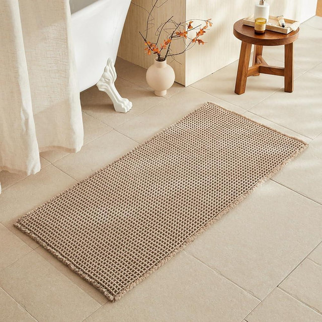 TYUU Waffle Bath Mat, Boho Bathroom Rugs Non Slip Washable Super Absorbent Quick Dry Bath Mat Farmhouse Bathroom Decor, 48"x24" Beige