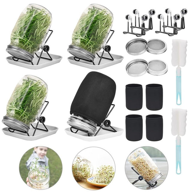 Lulonpon 4 Sprouting Jar Kit, Wide Mouth Quart Mason Jars with Stainless Steel Screen Sprout Lids, 86mm,1000ml,Stand,Tray and Canning Brush,Seed Sprouter Set for Growing Broccoli, Alfalfa
