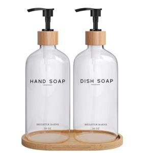 Clear Glass Hand and Dish Soap Dispenser Set by Brighter Barns - Kitchen Soap Dispenser Set with Bamboo Tray - Modern Kitchen Decor, Minimalist Decor (Clear)