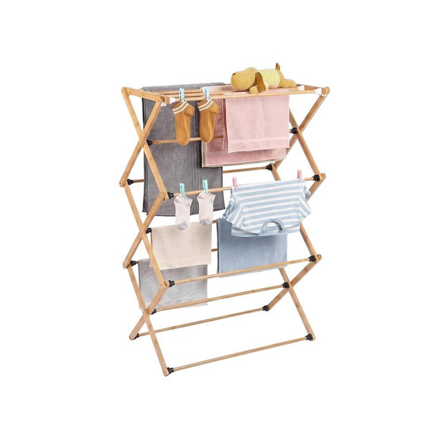 FJO Foldable Bamboo Clothes Drying Rack, 3-Tier Collapsible Laundry Clothes Hanger, Portable Wooden Drying Rack, Space Saving Indoor Outdoor, 28'' D x 15'' W x 39.3'' H, Beige