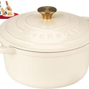 Overmont Enameled Cast Iron Dutch Oven - 5.5QT Pot with Lid Cookbook & Cotton Potholders - Heavy-Duty Cookware for Braising, Stews, Roasting, Bread Baking Cream White
