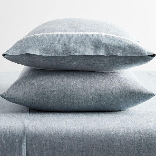 Chambray/White Belgian Flax Linen Contrast Flange Extra Pillowcases, Standard, Set of 2