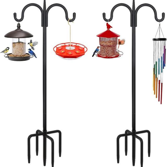 FEED GARDEN Adjustable Double Shepherds Hook for Outdoor with 5 Prong Base 63 Inch Heavy Duty Two Sided Bird Feeder Pole for Hanging Plant Baskets, Solar Light Lanterns, Wind Chimes 2 Pack