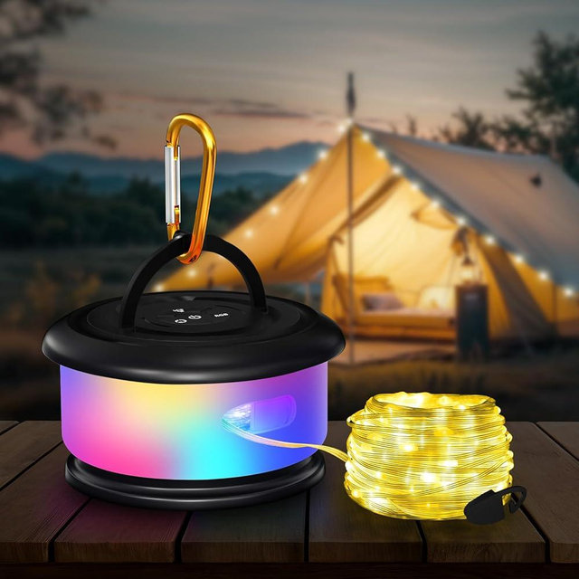 Bylitodt Camping String Lights, Retractable 32.8ft RGB Flash Lamp, Rechargeable Fairy LED Rope Lights Outdoor Waterproof, Portable Hanging Lantern for Outside Tent Patio Awning Garden RV Essentials