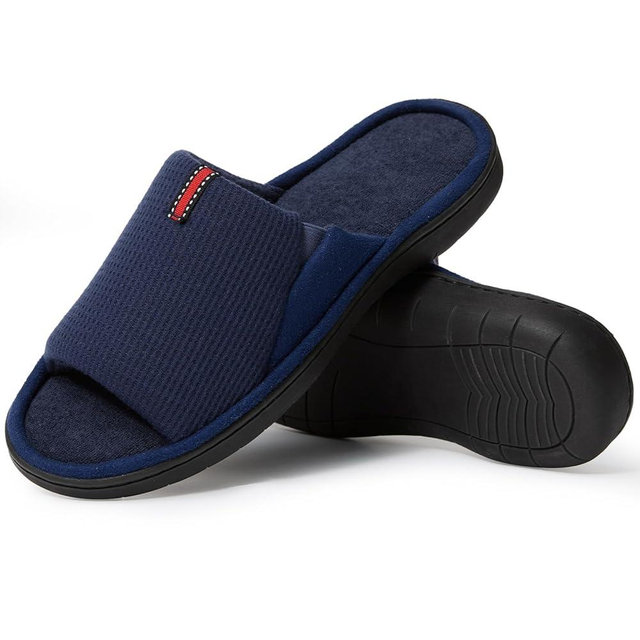 Men's Open-Toe Slippers for Indoors - Breathable Waffle Weave & Terry Lined House Shoes with Memory Foam, Machine Washable, Non-Slip Sole, Comfort Fit for Wide Feet