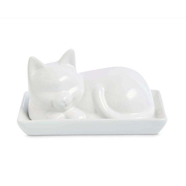 HIC Kitchen Cat Butter Dish with Lid, Fine White Porcelain
