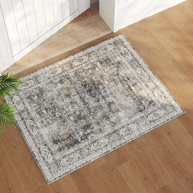 Rugcomf 2x3 Rug Washable Boho Rug Soft Small Area Rug Non-Slip Non-Shedding Faux Wool Vintage Rug for Door Mat, Kitchen, Floor, Entryway, Powder Room (Grey and Brown)