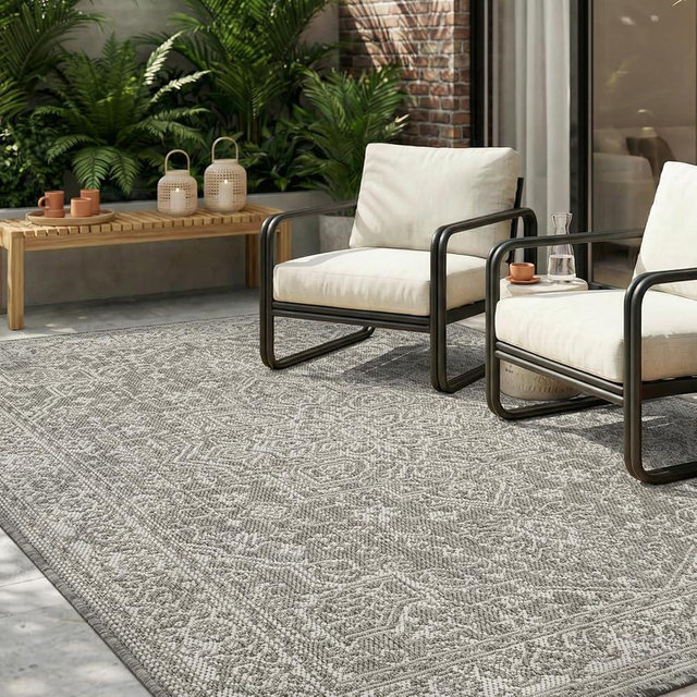 MontVoo-Outdoor Rug-Patio Rug 5x7 ft Polypropylene Indoor Outdoor Rugs Carpet for Patio Deck Balcony Porch, Textured Weave, Durable for High Traffic, Fade-Resistant, Vintage Medallion Silver Grey