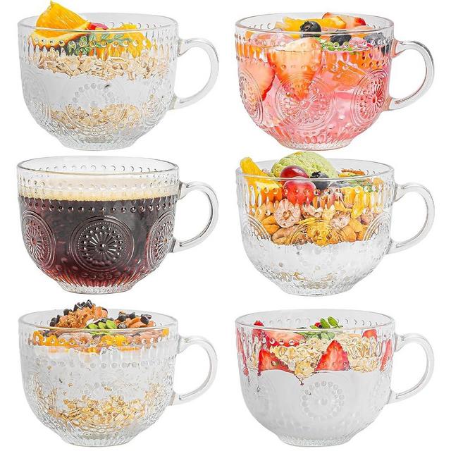 wookgreat Vintage Coffee Mugs Set of 6, 15 oz Glass Coffee Tea Cups with Handle, Clear Embossed Glassware, Glass Mugs, Glass Coffee Cups for Cappuccino, Latte, Cereal, Yogurt, Milk