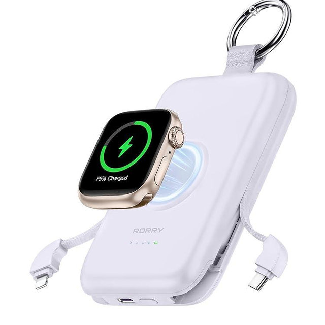 RORRY Portable Charger, 10000mAh PD 20W Fast Charging Portable Charger Power Bank with Built in Cables, Travel Battery Pack for iPhone 17/16/15/14/13/12 and Apple Watch Ultra/11/10/9/8/7/6/5, Purple