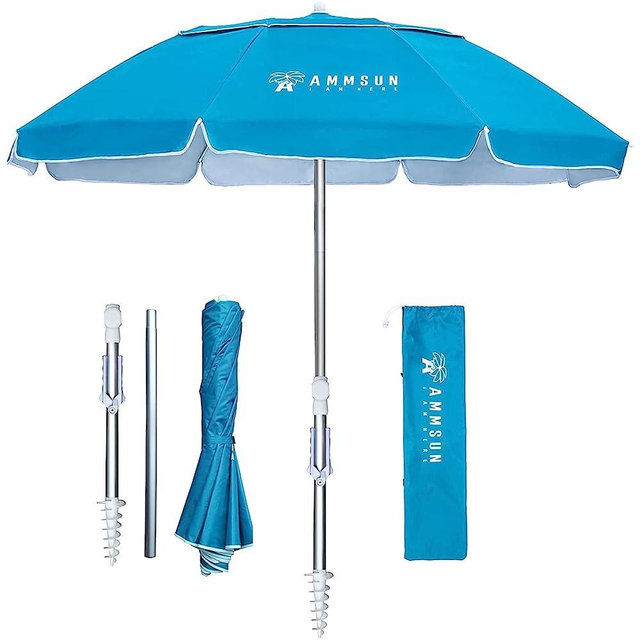 AMMSUN 6.5ft twice folded compact Portable beach umbrella with sand anchor windproof,Push Button Tilt and Air vent UV 50+ Protection Fits in a large Suitcase for travel Patio Garden Beach Pool Backyard Sky Blue