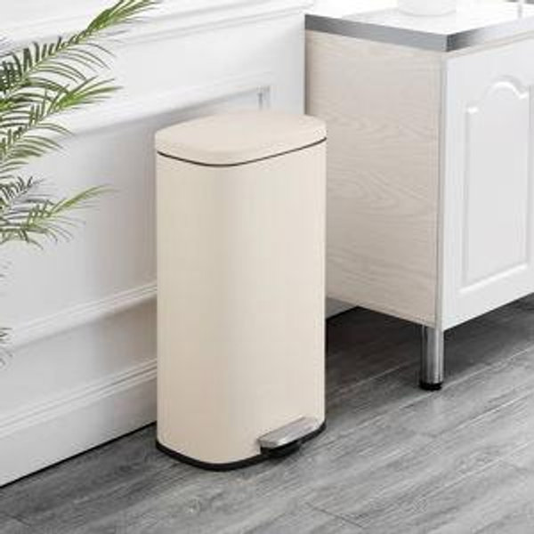 happimess HPM1011I Curtis 8-Gallon Step-Open Trash Can, Fingerprint Resistant, Modern, Minimalistic for Home, Kitchen, Laundry Room, Office, Bedroom, Bathroom, Limestone Beige