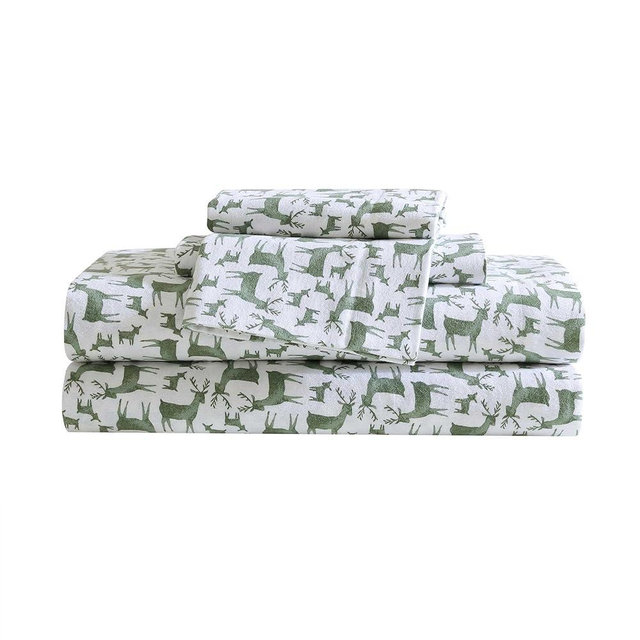 Eddie Bauer - King Sheets, Cotton Flannel Bedding Set, Brushed for Extra Softness, Cozy Home Decor, Oeko-Tex Certified (Deer Camp Green, King)