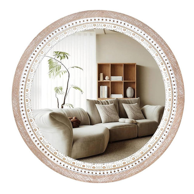 Reflinto 32" Farmhouse Wooden Decorative Round Mirrors for Wall Decor with Beads Frame, Rustic Large Circle Mirrors for Bathroom, Over Sink, Bedroom, Living Room, Entryway